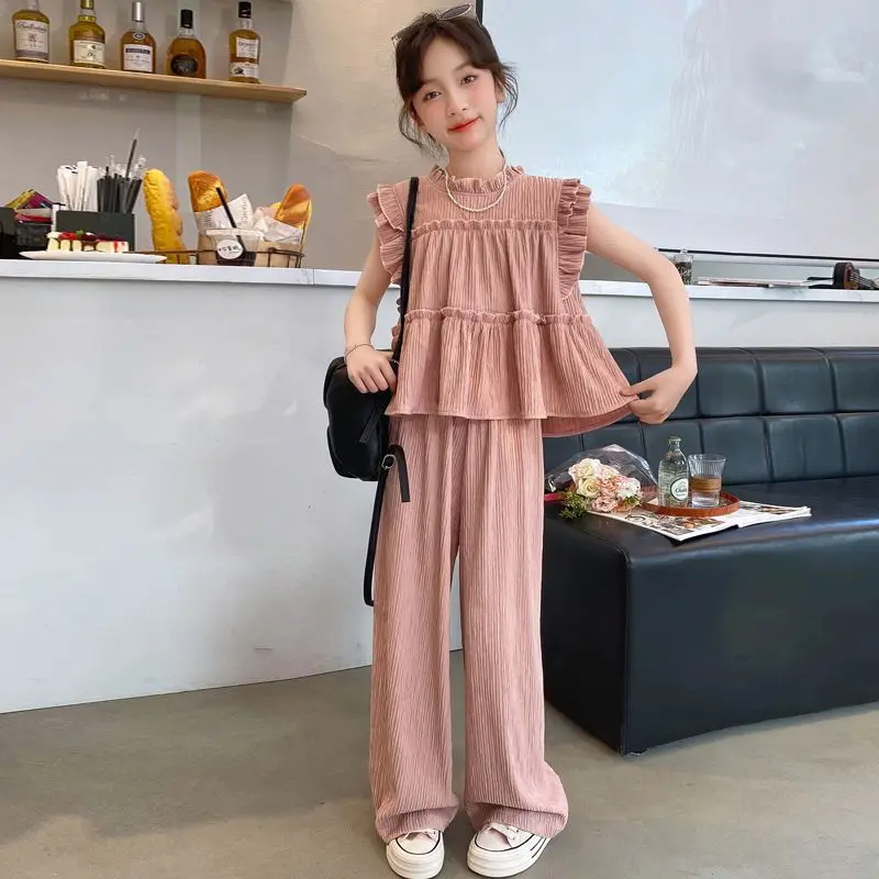 Big Girl Summer Sets Children Sleeveless Blouse+Wide Leg Pants 2Pcs Outfits Teenager Loose Solid Set New Kids Casual Clothing 8T