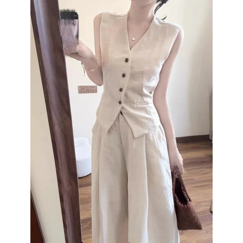 2025 New Casual Women's Summer Japanese Korean Temperament Sleeveless Tank Tops + Fashion Streetwear Slim Wide-leg Trousers Suit
