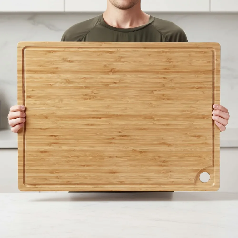 

Большая бамбуковая разделочная доска с пазом для сока и ручкой — прочная кухонная разделочная доска для мяса, овощей, барбекю