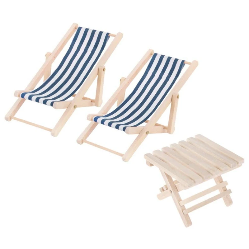 3Pcs 1:12 Miniature Foldable Wooden Beach Chair Mini Deck Chair Longue Deck Chair With Stripe Dollhouse Accessories