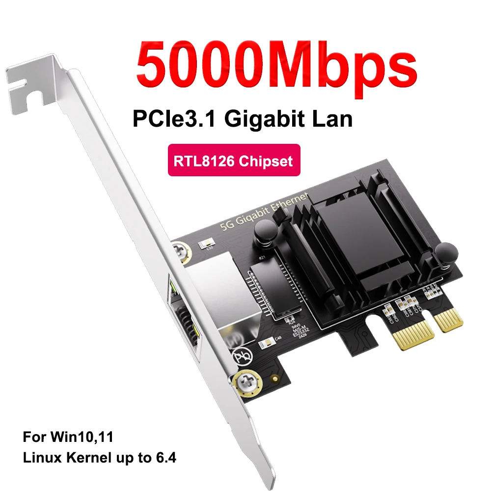 Carte réseau 5G PCI-E vers RJ45, puce RTL8126, Gigabit Ethernet, PCI Express, 10/100/2500/5000Mbps, 1Gbps/5Gbps