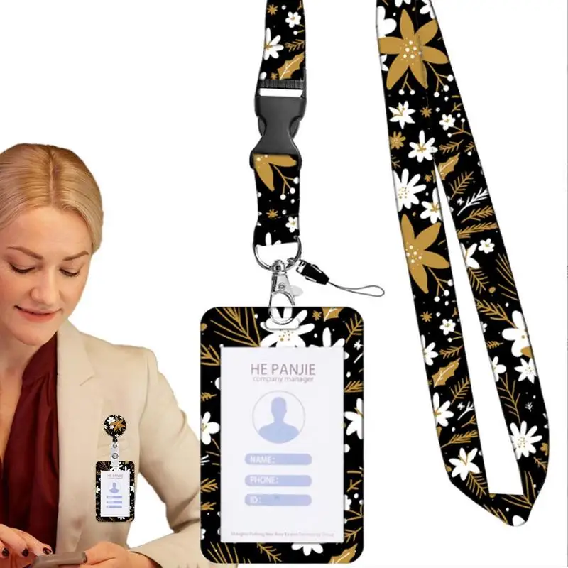 Identity Card Holder Flower Design Card Case Protector With Retractable Reel Belt Clip Badge Sleeve With Lanyard For Driver's