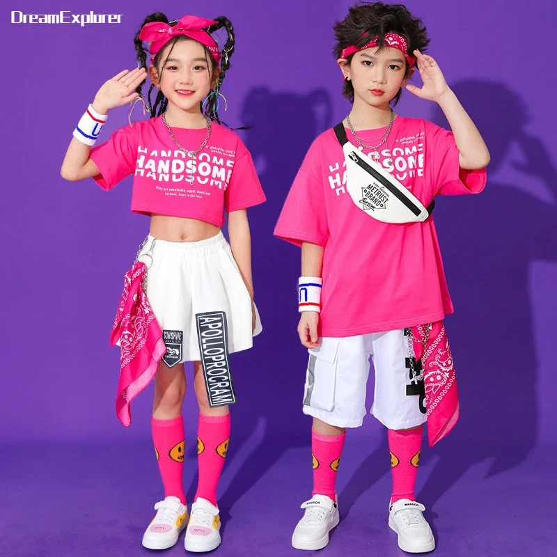 Girls Hip Hop Pink Crop Top Rose Plaid Skirts Boys T-shirt Street Dance Shorts Child Sweet Summer Clothes Sets Kids Jazz Costume