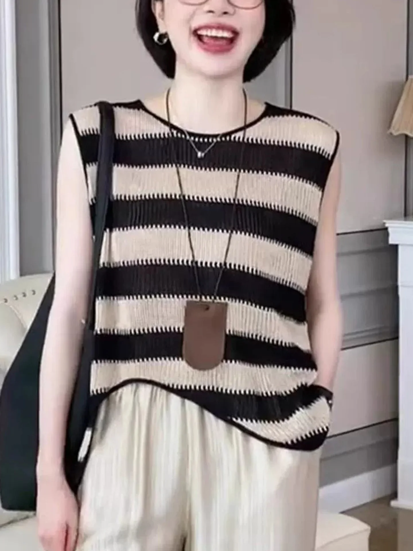 Chaleco de punto a rayas de Color a la moda, Top de verano 2025, Top de Svel para mujer, versión coreana de corte recto