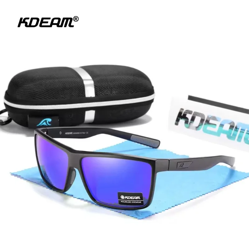 KDEAM Polarisierte Sonnenbrille für Herren, Sport, Federscharniere, quadratisch, zum Angeln, verspiegelt, blau, optional mit Reißverschlussetui, KD029