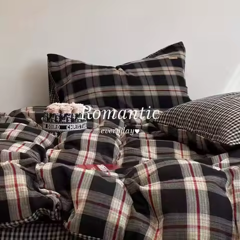 Black Red Grid Bedding Set Soft Quilt Duvet Cover No Filler Flat Sheet with Pillowcase Girls Boys Single Queen Size Home Textile