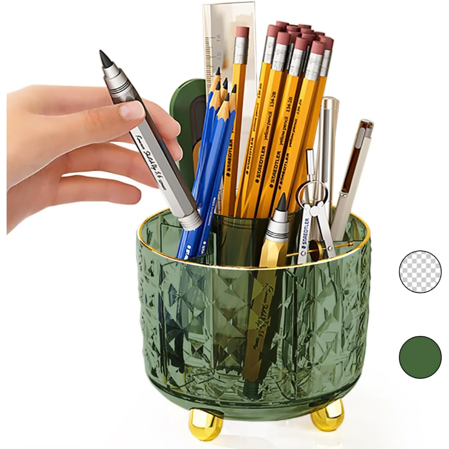 Dark Green Pen Pencil Holder for Desk, ° Rotating Pen Organizer, Green Office Supplies, Cute Pen Holder, 6-Compartment Pencil H