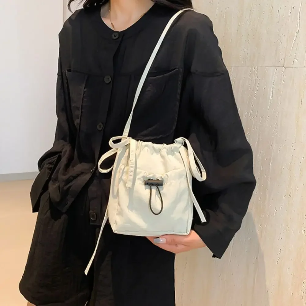Korean Style Solid Color Nylon Shoulder Bag Fashionable Drawstring Canvas Bag - Image 2