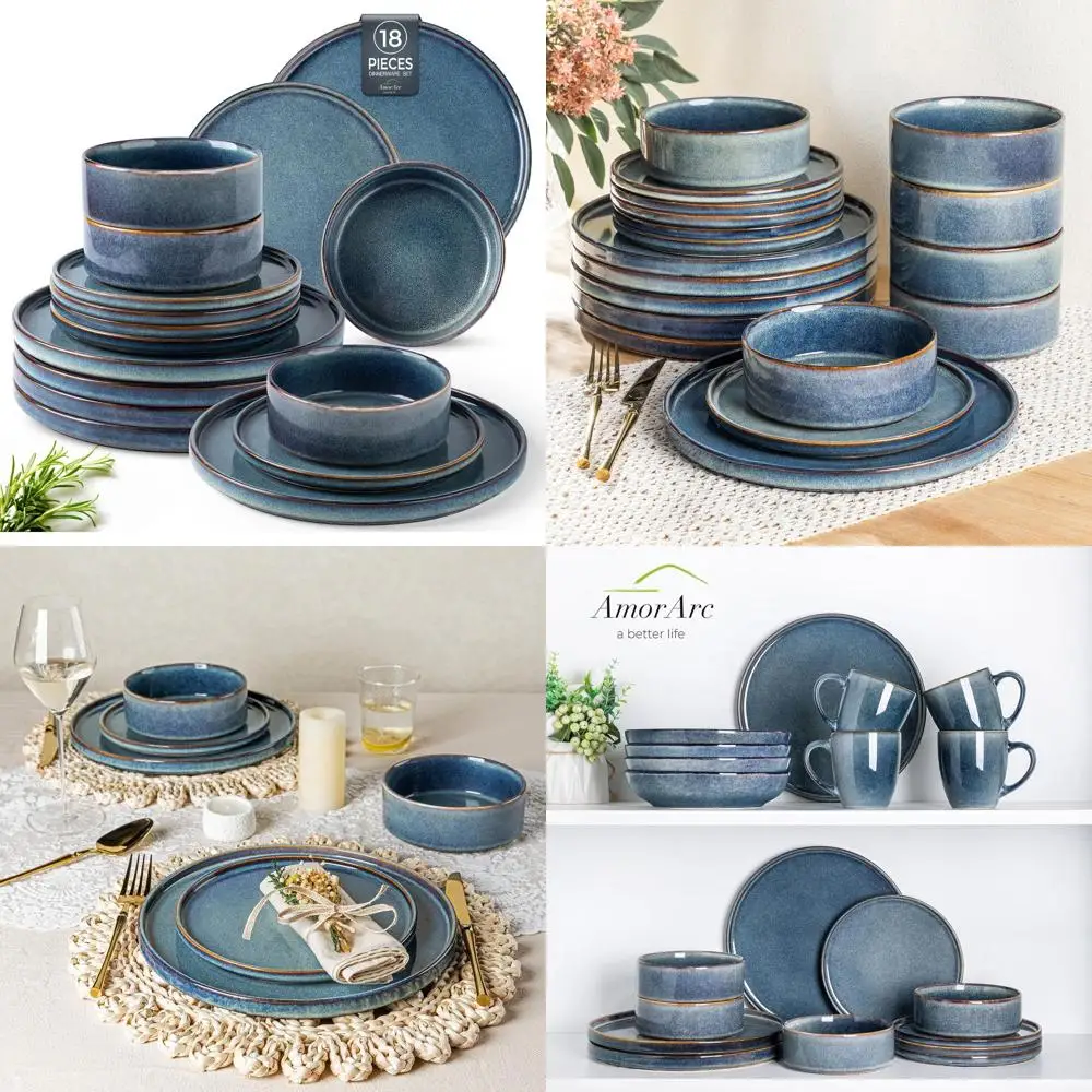

Handcrafted Reactive Glaze Stoneware Dinnerware, 18-Piece Set, Dishwasher and Microwave Safe, Service for 6