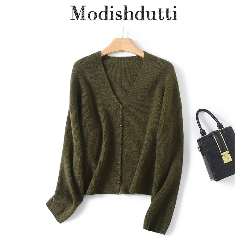 

Modishdutti 2024 Women Fashion Button Long Sleeve Knitted Sweater Cardigan Female Solid Color Casual V-Neck Top Outerwear