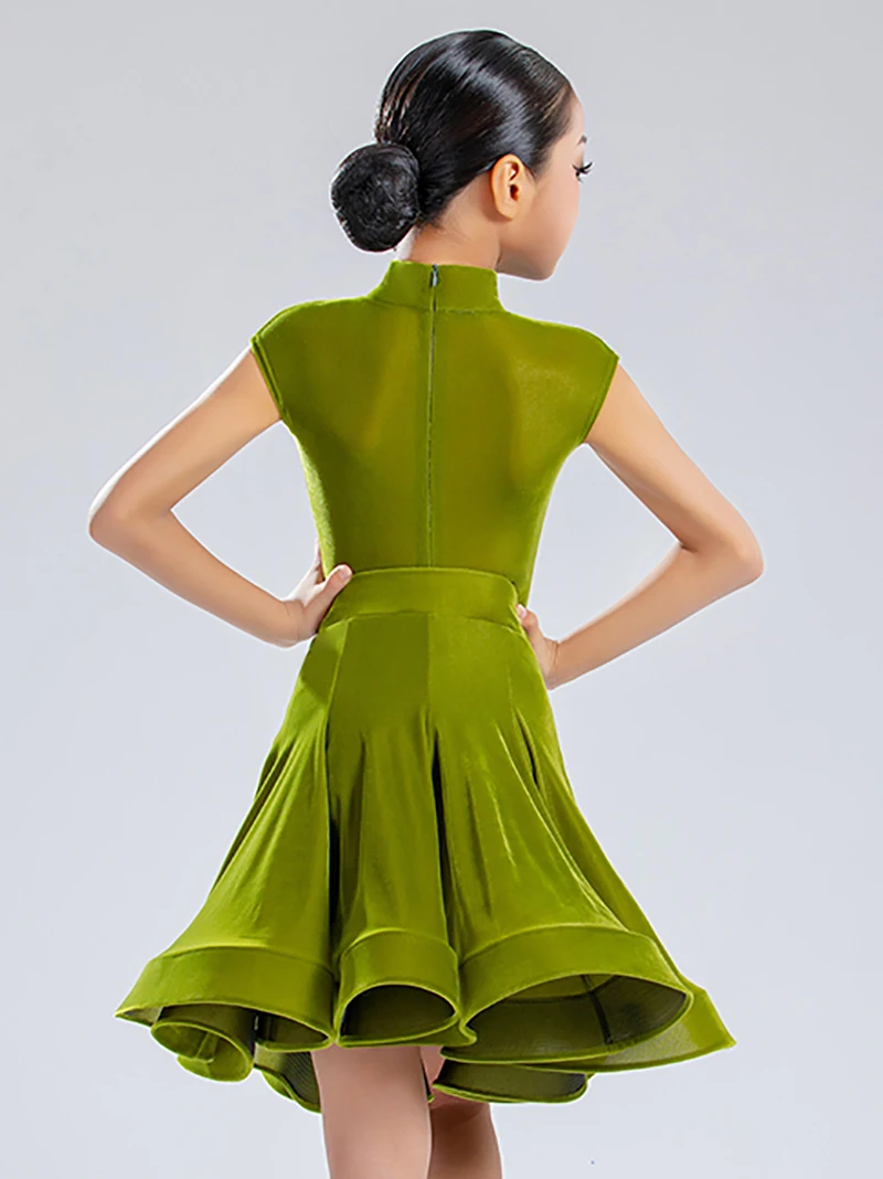 Verde bambini ragazze velluto avvolto spalla manica body lisca di pesce gonna grande abbigliamento da ballo latino abiti da competizione di ballo da sala