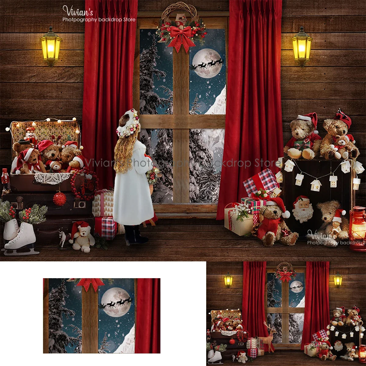 

Moon Christmas Backdrop Kids Photocall Family Portrait Baby Photogaphy Wood Toys Decor Window Background Children Photostudio