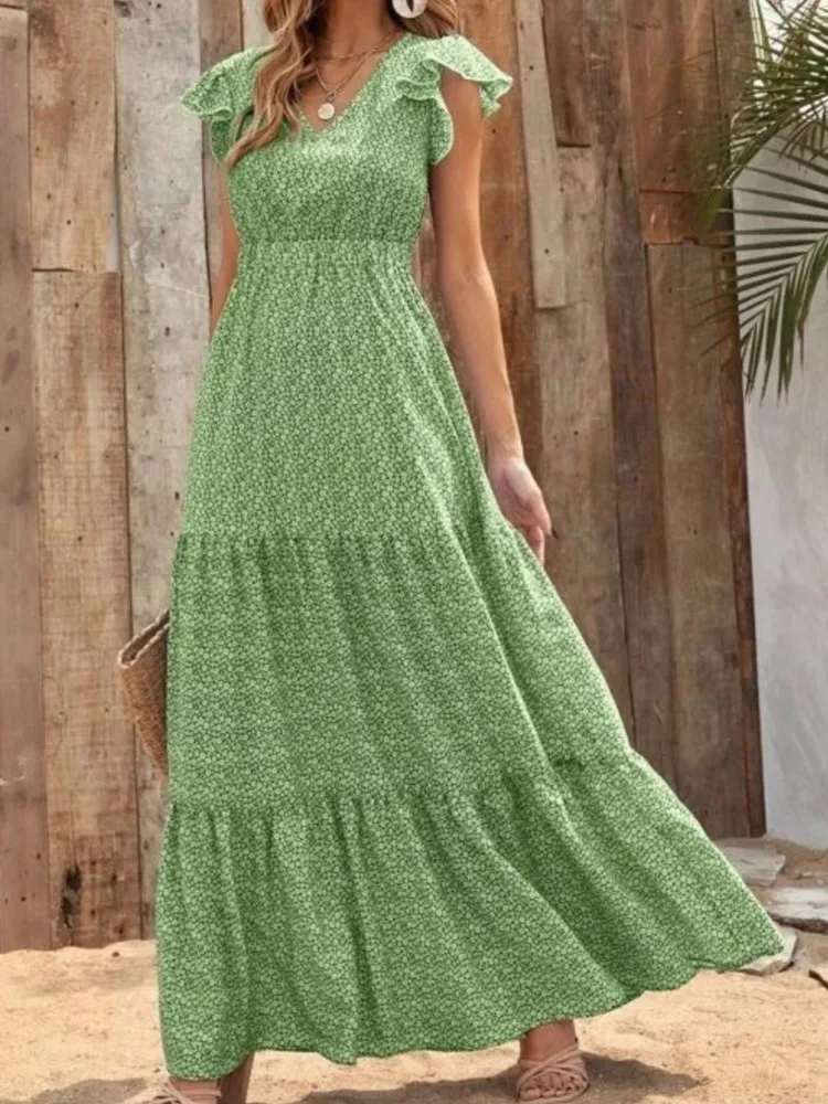 

Summer New Arrival Dress Leisure Fashion Elegant Women's V-neck High Waisted Printed Vacation Long Skirt Patchwork Floral Dress