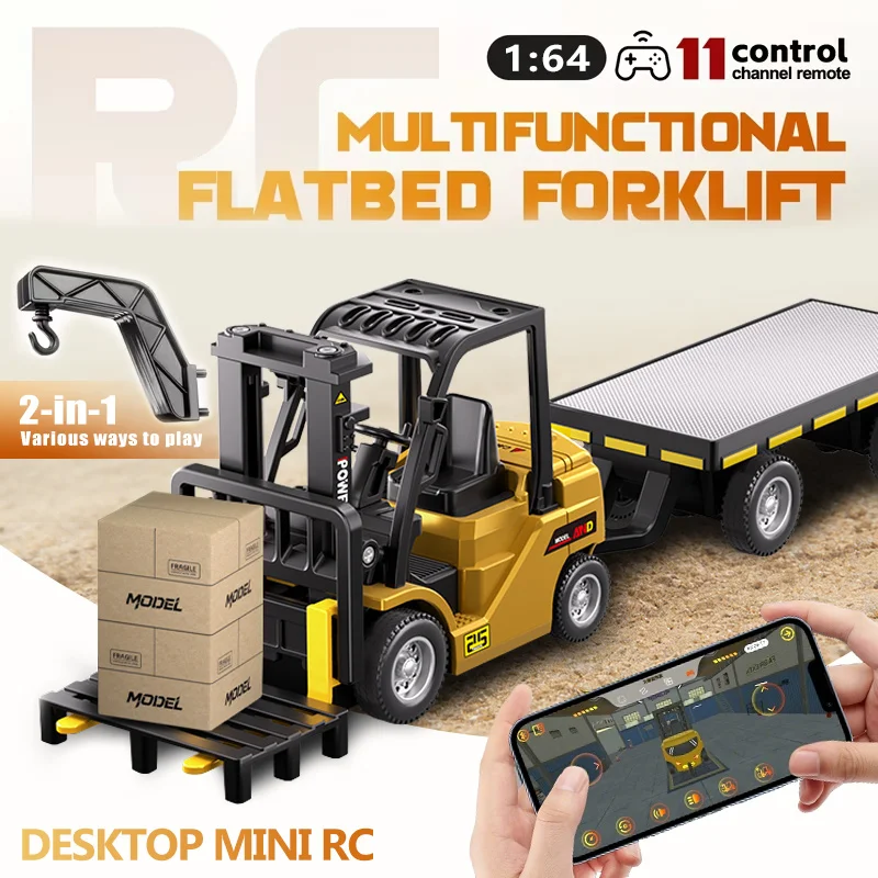 1:64 Mini Remote Control Forklift Crane Set, Remote-Controlled Lifting, DIY Body Customization, Kids' Favorite Car Toy