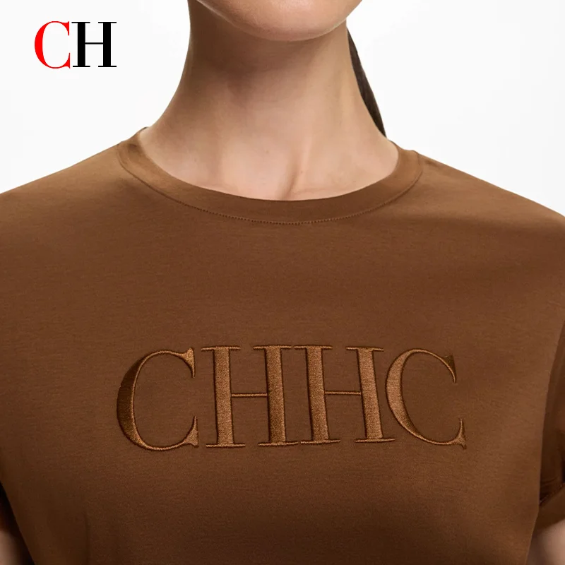 CH Damen-T-Shirt mit CHHC-Stickerei, Rundhalsausschnitt, kurze Ärmel, weiche Baumwolle, lässiges, tägliches Sommer-Top – Detail 5