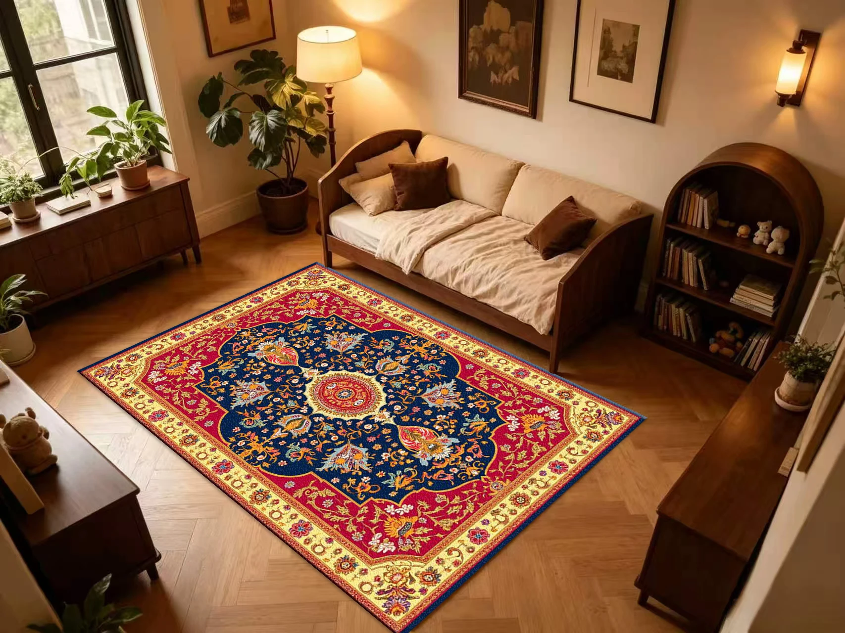 Vintage Oriental Medallion Floral Traditional Carpet Flooring, Red Blue Ornate Pattern Non-Slip Area Rug for Living Room Home Floor Decor