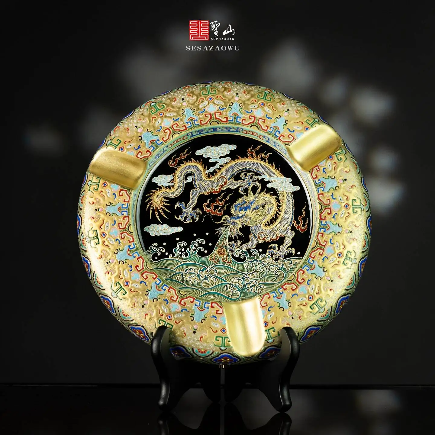 Holy Mountain Jingdezhen High-End Black Glaze All-Gold Hand-Painted Enamel Dragon Pattern Ceramic Cigar Jar Ashtray Ornament