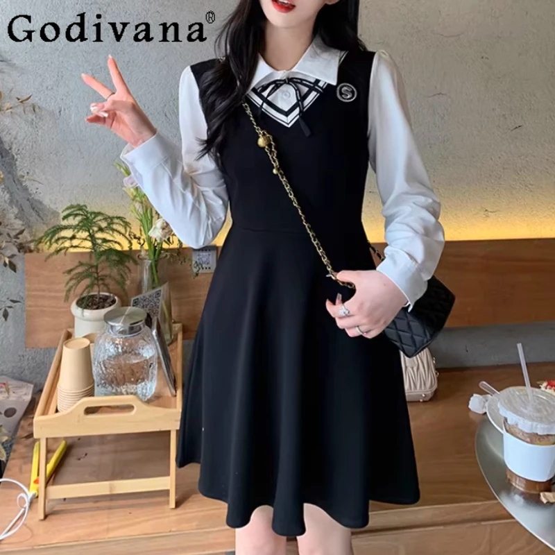 

Spring New Fake Two-piece Long Sleeve Black Large Size Dress Fashion High Waist A-line Age-reducing Versatile College Dresses