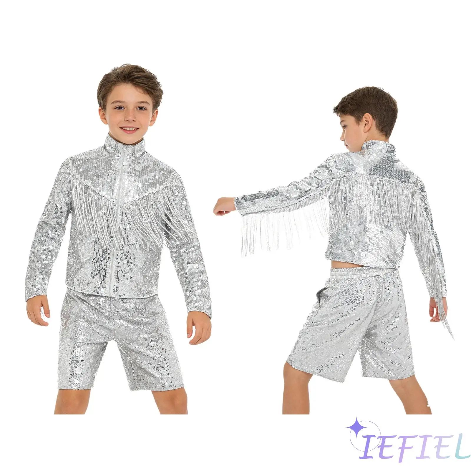 

Kids Boys Jazz Disco Dance Party Clothes Sequin Embellished Mock Neck Front Zipper Tassel Jacket and Pocket Shorts Clubwear