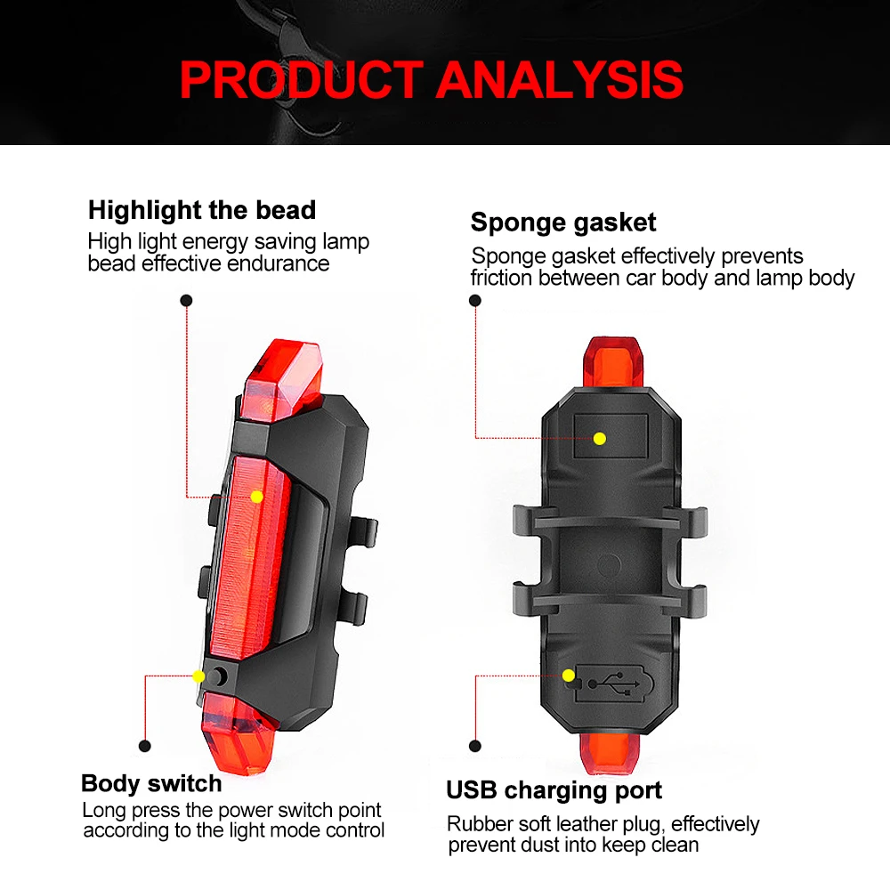 USB Rechargeable Bike Light Taillight Easy to Install 3 Modes Bicycle Light Accessories for the Bicycle