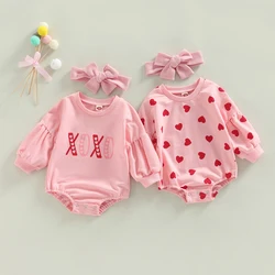 Infant Baby Girls Valentines Day Outfit Romper Letter/Heart Print Long Sleeve Jumpsuits Sweety Baby Bodysuits with Headband