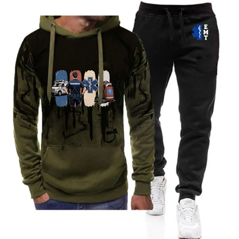 

2026 EMT Emergency Ambulance Print Spring And Autumn Men's New Classics Gradient Color Hoodies + Long Pants Fashion Suit
