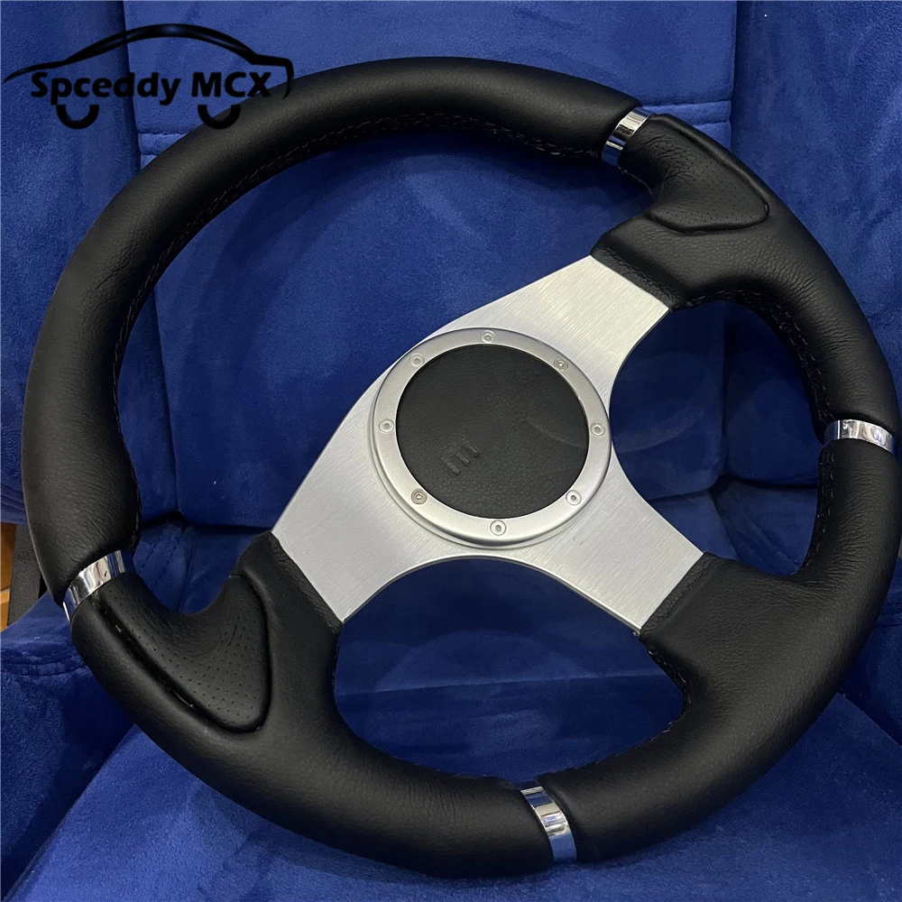 M 14inch Classic Silver Bracket Leather Steering Wheel Racing 350mm Car Sport