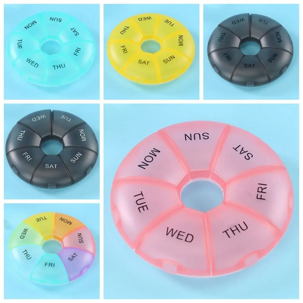 Transparent Round 7 Day Pill Organizer Portable Travel Moisture Proof Storage Box Colorful Compartments