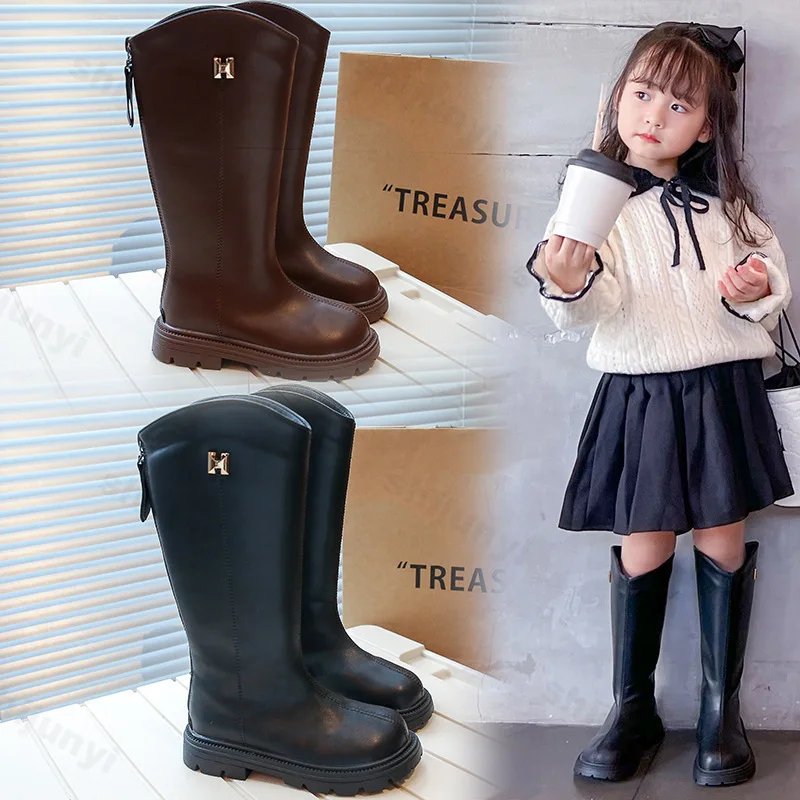 

Детские сапоги до колена, новинка 2023 года, осенние сапоги принцессы в британском стиле для девочек, детские удобные нескользящие модные высокие сапоги на молнии