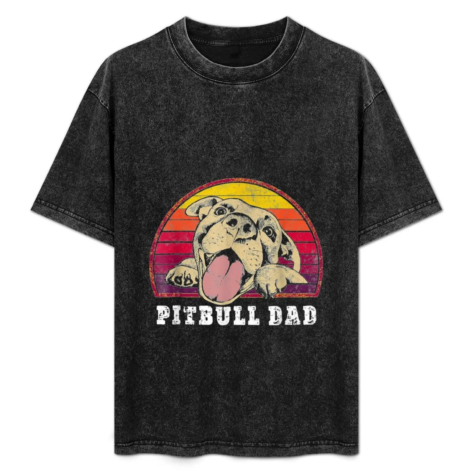 Camiseta masculina Pitbull Dad Smiling Pittie on Vintage Sunset Pitbull Dad TShirt3 Camiseta básica simples casual de manga curta