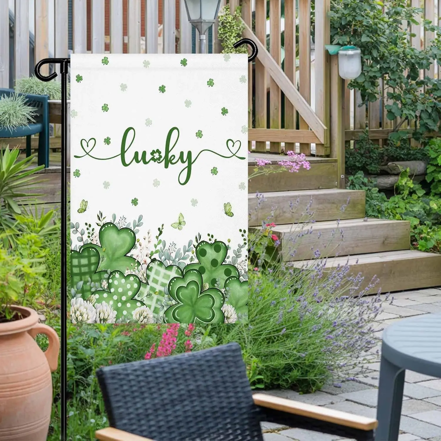 St Patricks Day Garden Flag 12x 18 Double Side, Green Love Heart Spring Butterfly Shamrock Garden Flags Outside House Flag B ZZM