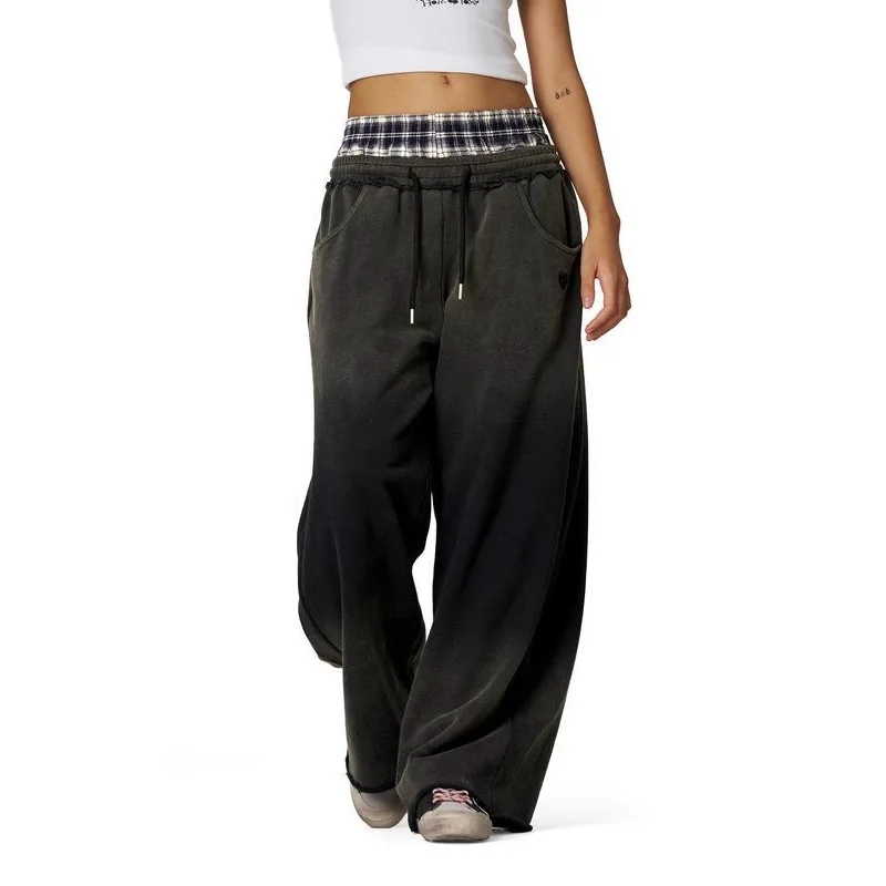 

European And American Cross-Border Amazon Foreign Trade Women's Casual Washed Plaid Patchwork Double Waistband Straight Low