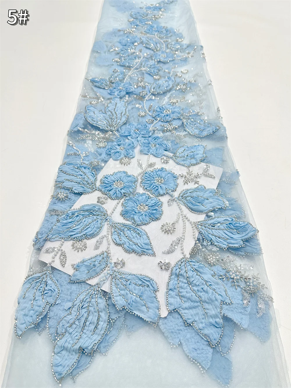 

French Tulle Lace Fabric 2025 High Quality 3D Flower Embroidery African Beads Lace Fabric for Wedding Dresses