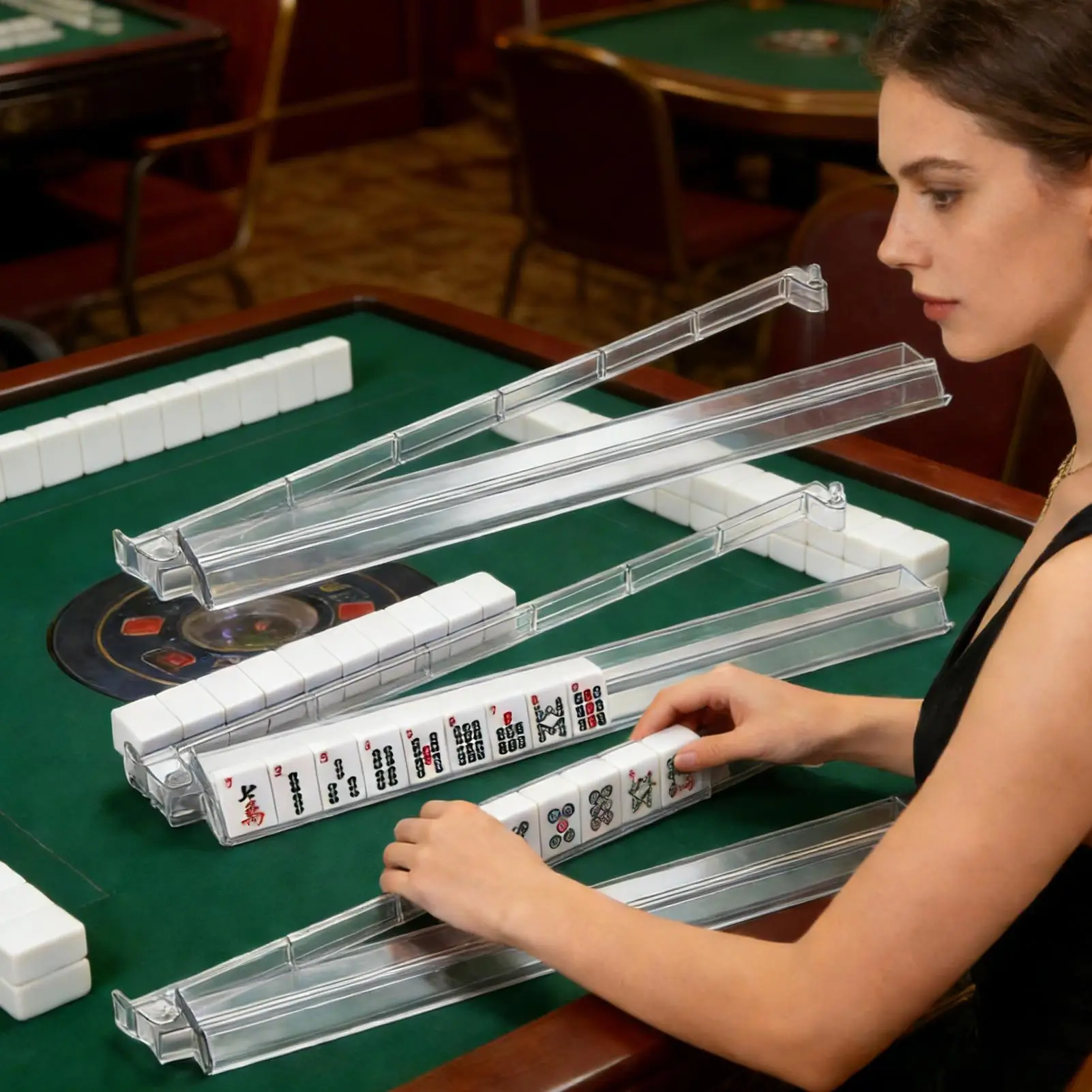 Mahjong Racks with Pushers 4 Sets Tile Holders and Pushers Game Night Accessories for Players Family Gathering Club Party Game