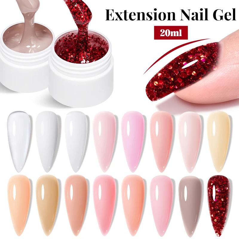 20ml Nude Pink Red Glitter Extension Nail Gel Polish UV Hard Gel Self Leveling Soak Off UV Construction Gel Varnish Manicure