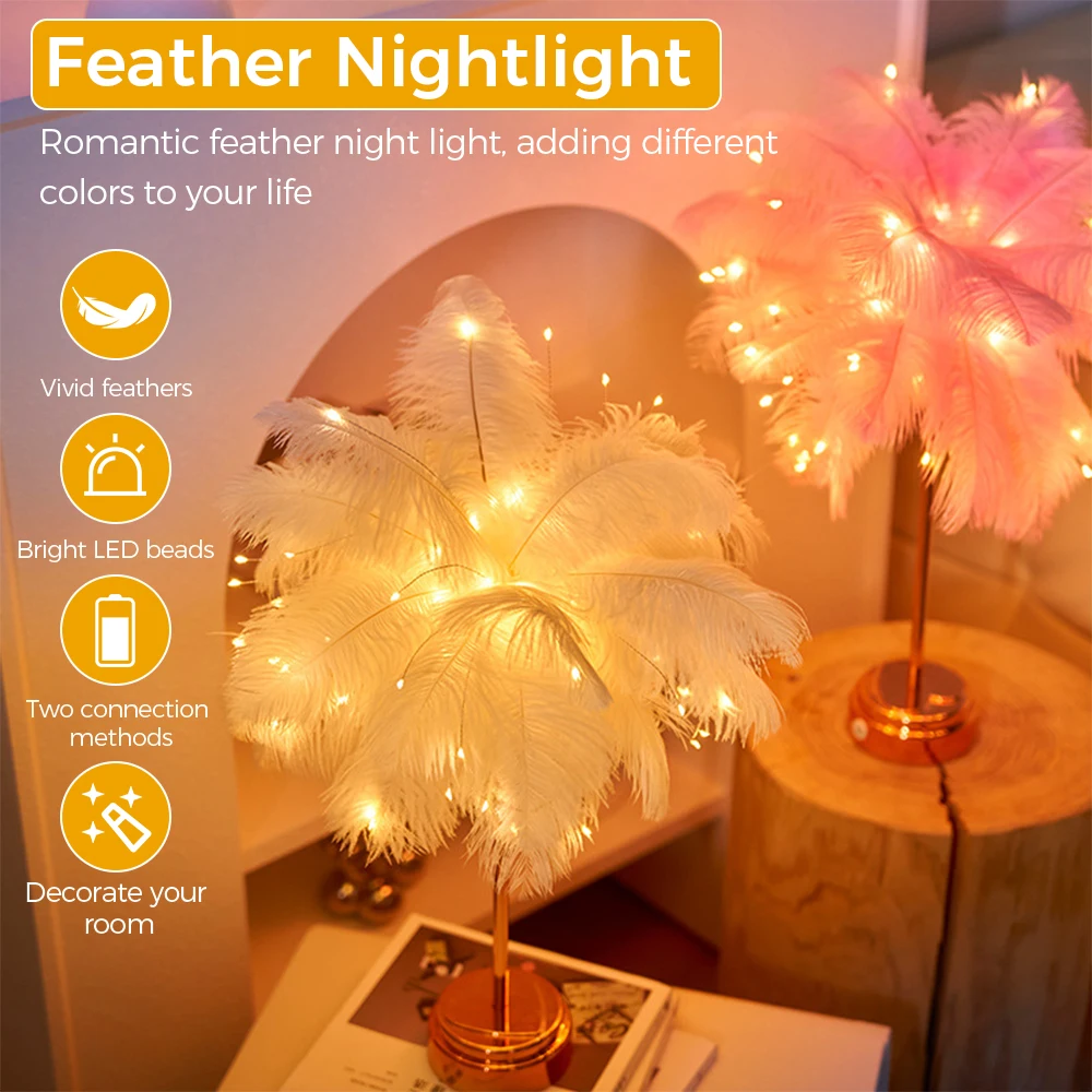 ไฟกลางคืน USB Light Dual-ใช้แบตเตอรี่แบบชาร์จไฟได้ห้องนอนตกแต่งงานแต่งงานห้องนอน Feather Night light ตกแต่งบ้าน