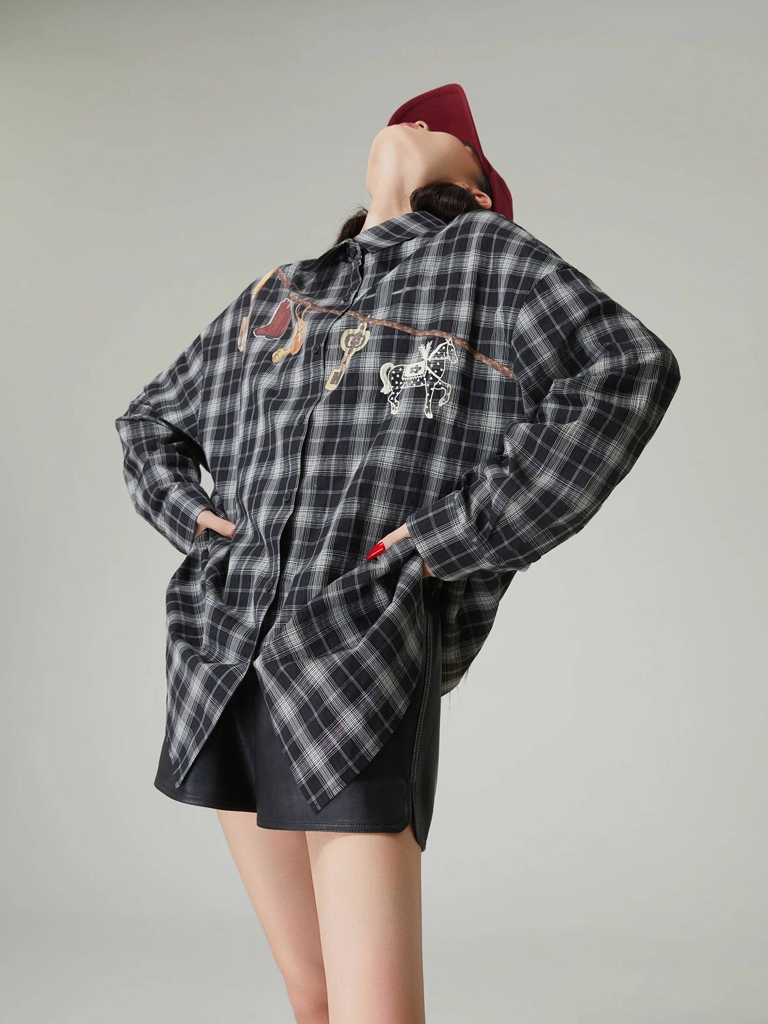

Retro Plaid Print Loose Women's irt Spring Summer New Sle Layering Versatile Coat Trendy Polyester Fiber Long Sve
