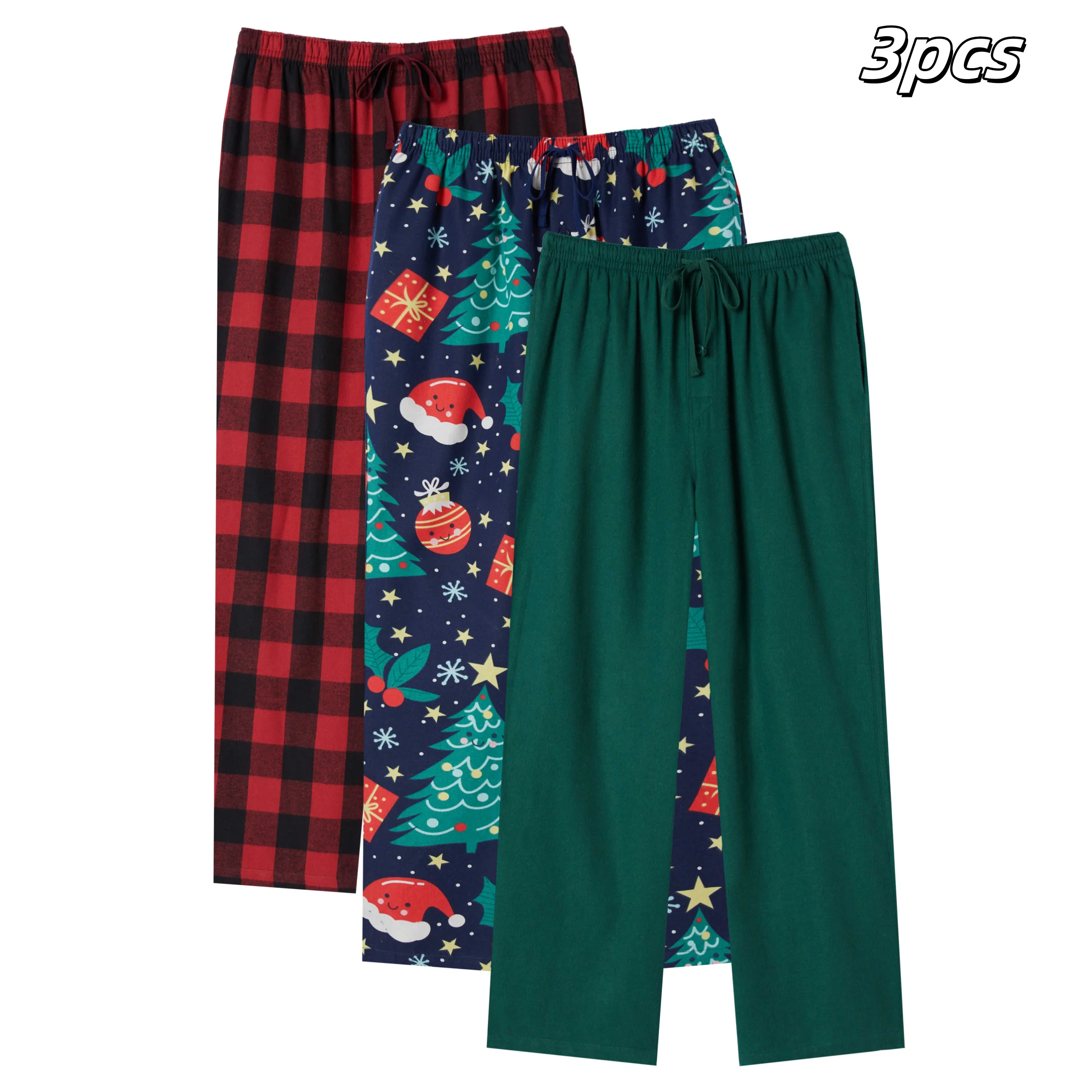 3 piezas de pijamas de estilo navideño para hombre, pantalones de franela gruesa, sombrero de árbol de Navidad, estampado gráfico, pantalones de