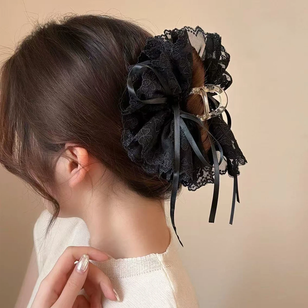 1 Stück Koreanischer Stil Elegante Schmetterlingsknoten-Schleife Bestickte Spitzen-Haarklammer, Damen-Haarspange für Pferdeschwanz und Halb-Up-Haarspange – Detail 2