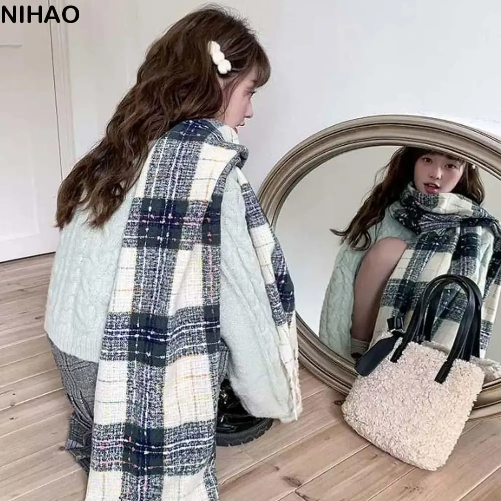 

Large Soft Plaid Knitted Scarf Cold-proof Korean Style Long Tassel Neckscarf Classic Solid Color Women Thickened Scarf Men