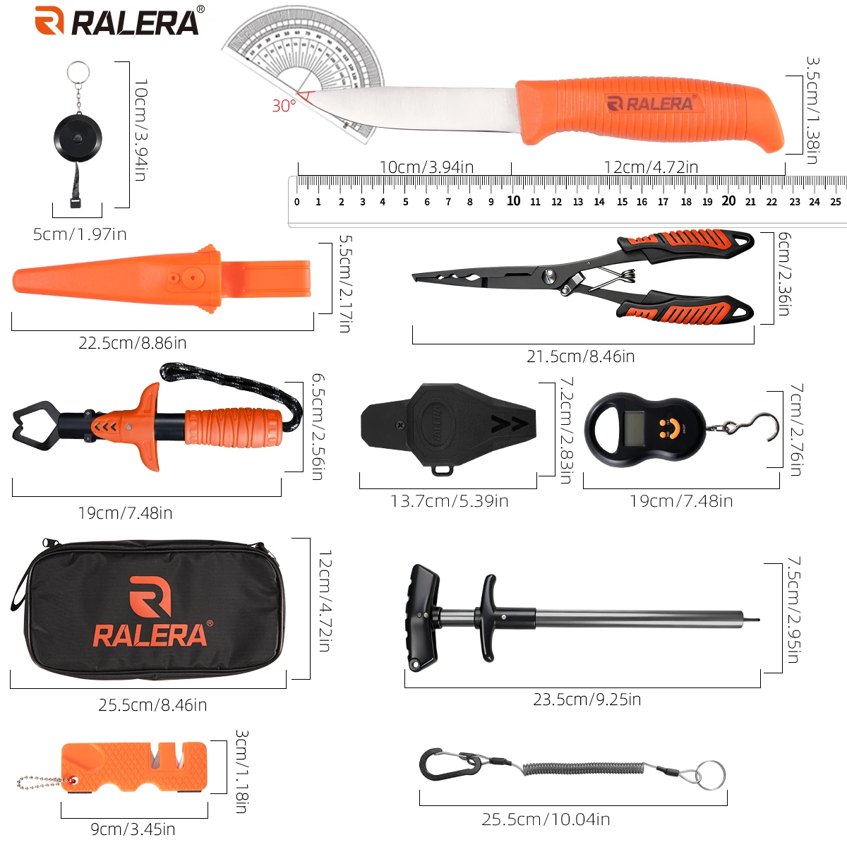 RALERA Fishing Gear Tool Kit Fish Gripper Pliers Hook Remover Knife Lanyards Storage Bag Saltwater Fly Fishing Stuff Tackle Kit