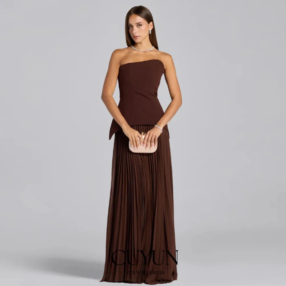 

CUYUN Strapless Brown Long Prom Dresses Pleated Elegant Women Party Dresses Customized A Line Formal Event Dresses 2026