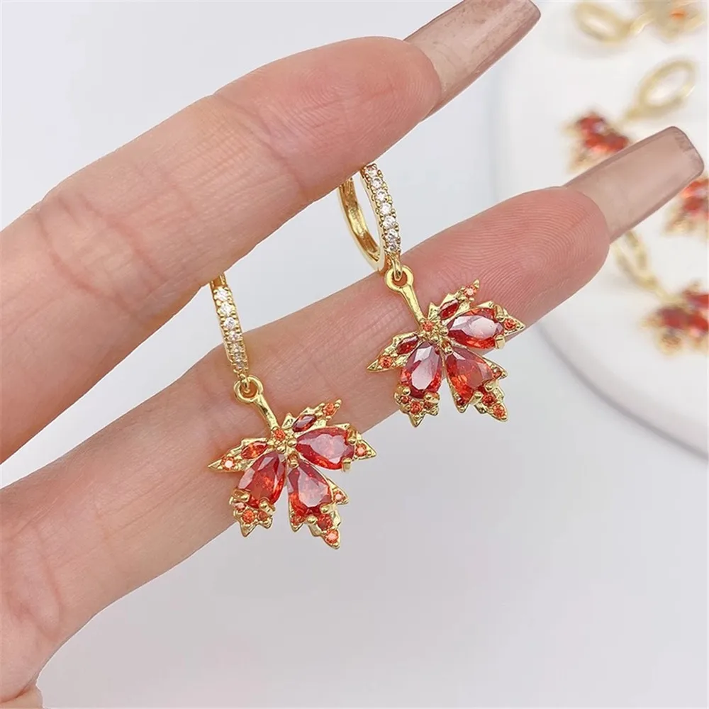 

14K Gold Micro Inlaid Zircon Red Maple Leaf Earrings with DIY Handmade Ear Pendant Accessories E043