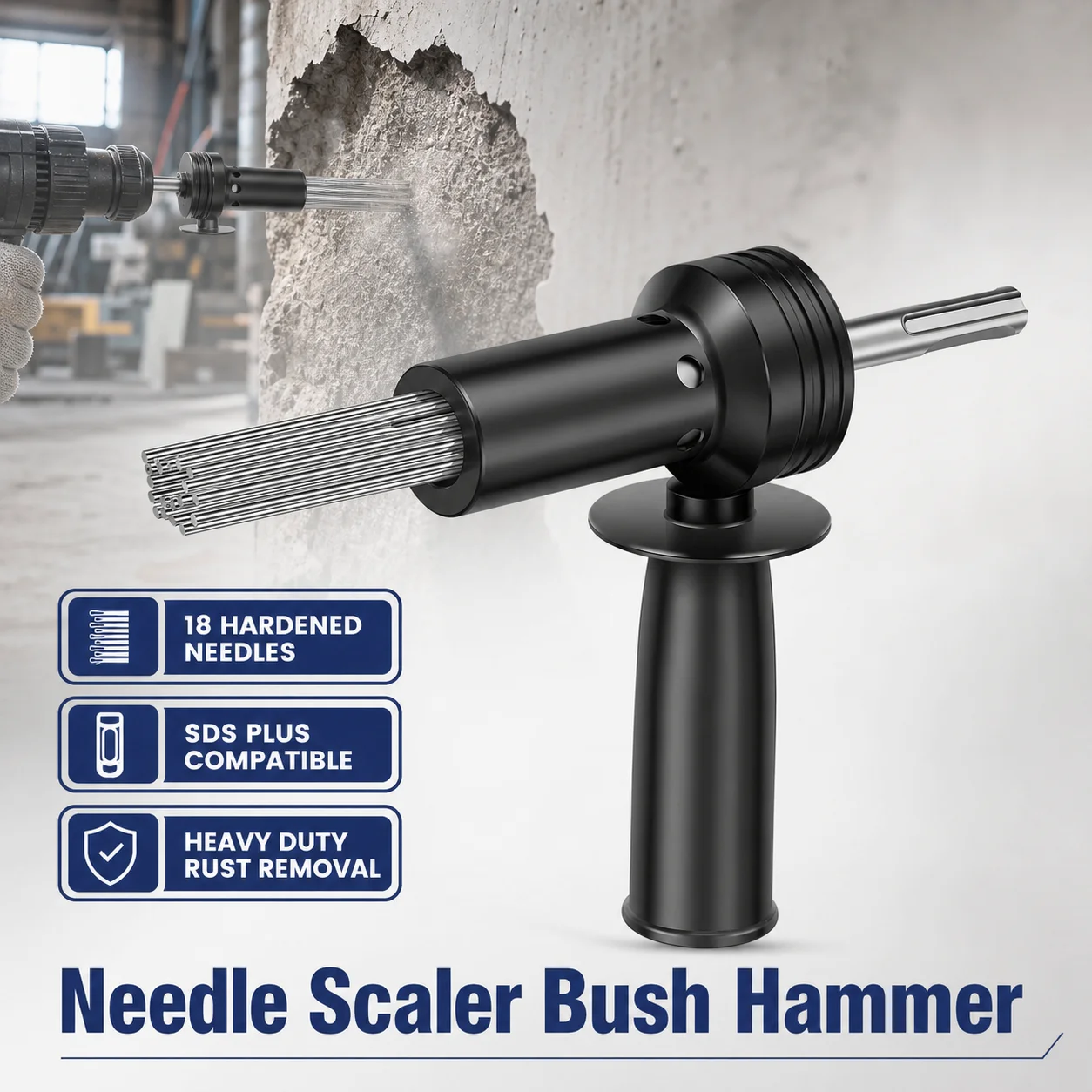 Needle Scaler SDS Plus Bush Hammer Heavy Duty Alloy Steel Concrete Wall Chiseling Tool for Rust Paint Slag Removal