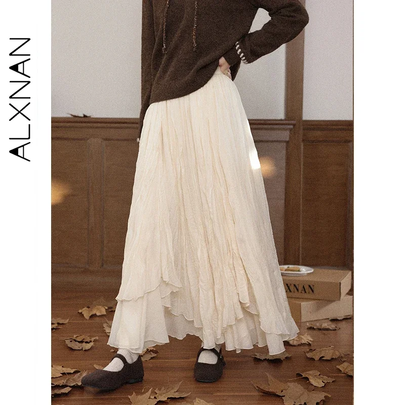 ALXNAN Pleated Midi Skirt Women Apricot High Waist Asymmetrical Hem Long Skirt Elegant Fashion Casual Ladies Clothing L57863