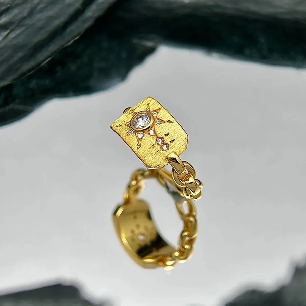 Vintage 925 Sterling Silver Hexagram Cuban Chain Ring Unisex Gold Rigato Zircon Star Of David Signet Finger Band Fine Jewelry