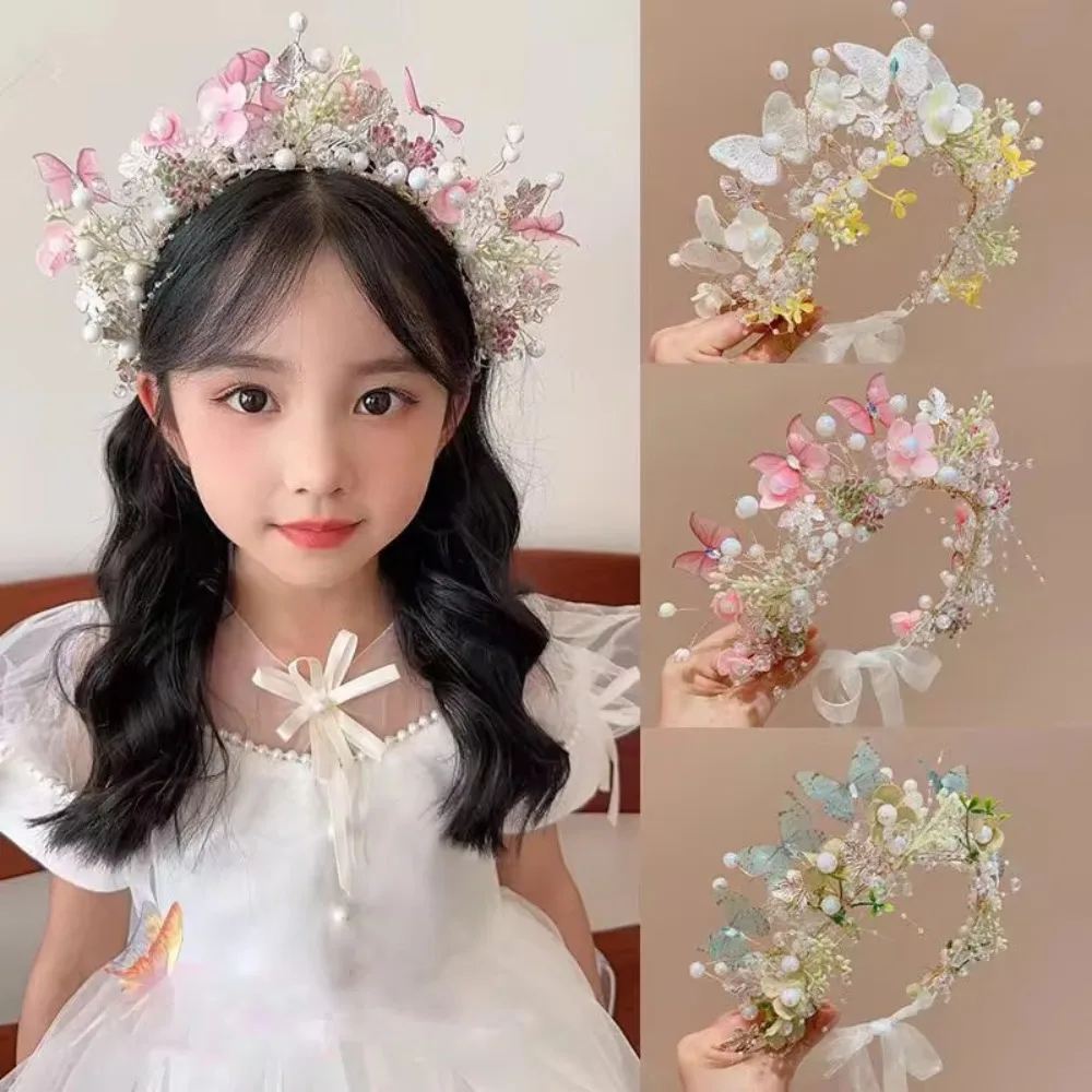 

Fashion Forest Garland Headdress Butterfly Floral Crown Pearl Head Hoop Child Wreath Gift