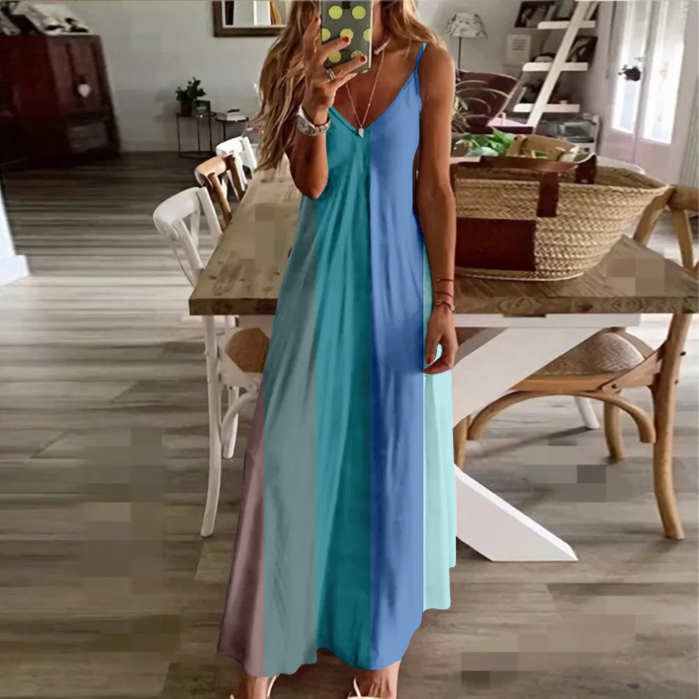 

Sleeveless Stripe Dress Summer Sexy V-Neck Maxi Dress Luxury Stylish Party Vestido Evening Dresses Girl Beach Dresses Chic Robe