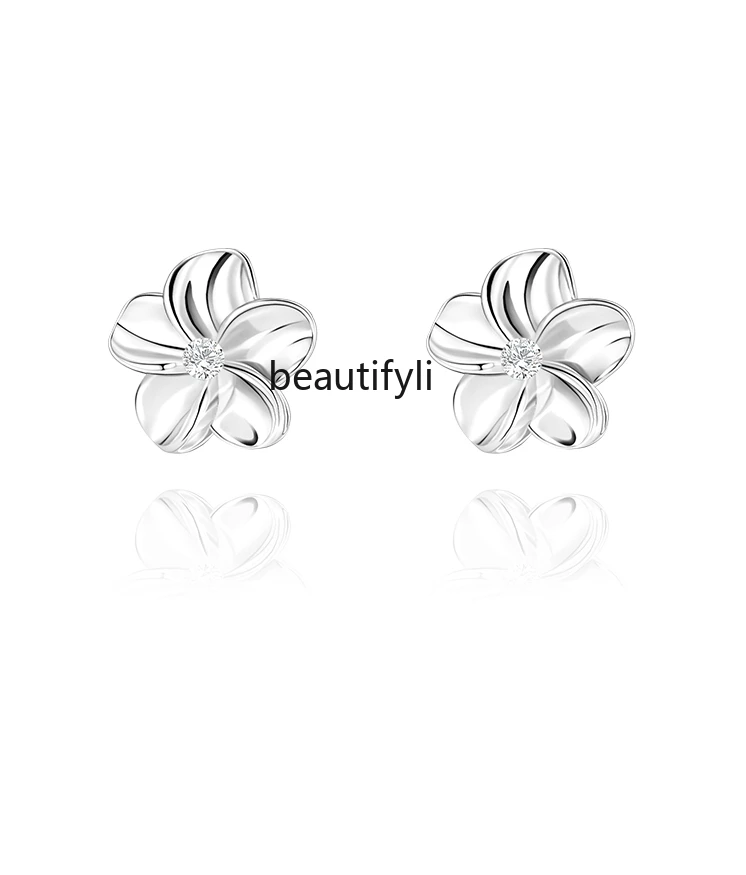 999 sterling silver gardenia flower stud earrings women's simple ear hole earrings are free to wash and sleep