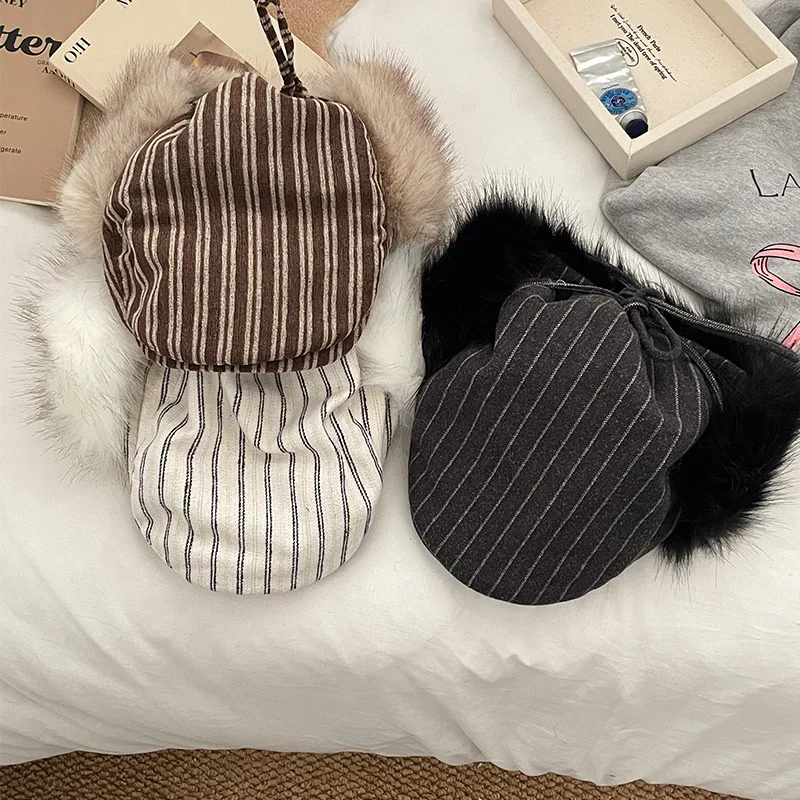 

Модные и универсальные осенние и зимние шапки Lei Feng для мужчин и женщин, корейская полосатая ретро-плюшевая шапка-бомбер с защитой ушей